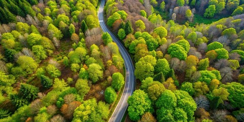 Aerial view of winding road in mountain beech forest during spring