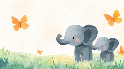 Two cute elephants stand in a meadow with butterflies fluttering around them, creating a whimsical and serene scene.