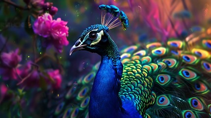 Fototapeta premium A majestic peacock displaying its iridescent plumage in full bloom. 