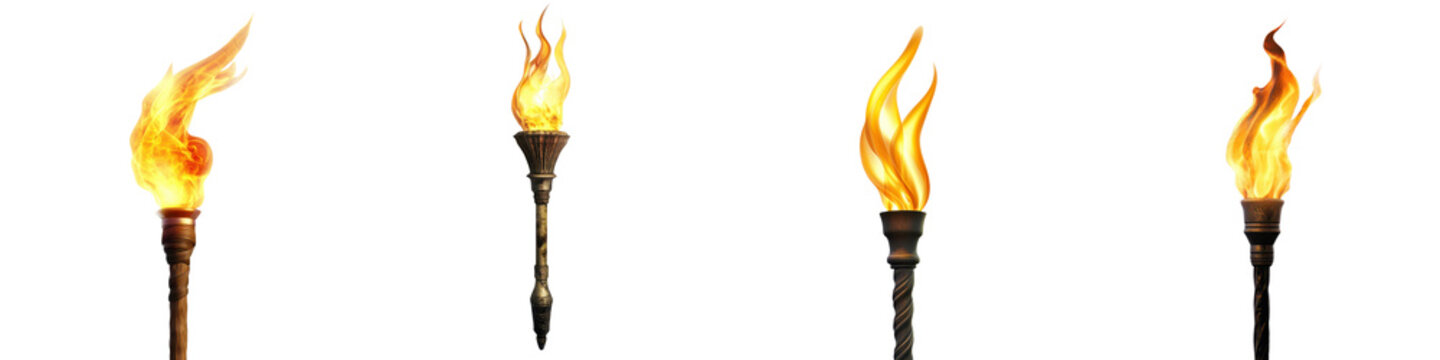 Striking image of multiple burning torches with intense flickering flames that illuminate the surrounding darkness  The torches represent power energy and the raw force of fire