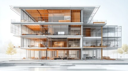 Fototapeta premium Modern architectural design featuring glass and wooden elements.