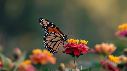Naklejka premium A monarch butterfly delicately perched on a blooming flower, sipping nectar.