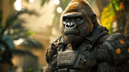 A realistic gorilla in tactical gear amidst a lush environment.
