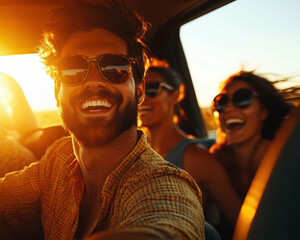 A group of happy friends enjoy a road trip in a car at sunset  with the driver smiling and laughing