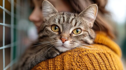 A person holding a tabby cat in a cozy setting.