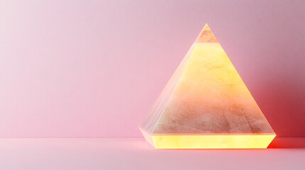 A glowing pyramid sculpture on a soft pink background.