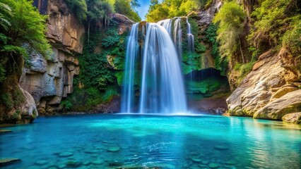 Fototapeta premium A waterfall cascading down a turquoise rock face into a clear blue pool, nature, wilderness, geological feature, turquoise, rock face