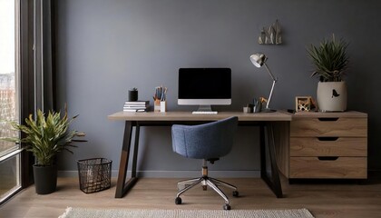Minimalist home office with a tidy desk, ergonomic chair, and uncluttered workspace,