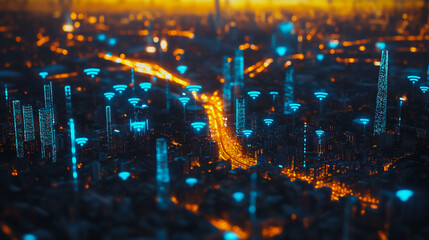 Fototapeta premium Smart digital Innovation city with connection network reciprocity over the cityscape. of future smart wireless digital city and social media networking systems that connects people with in city