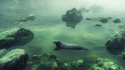 Misty Coastal Scene with Seal in Green Waters