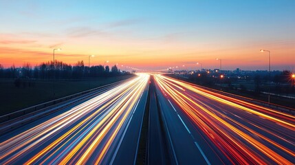 Obraz premium Dynamic light trails on highway at sunset, showcasing speed and movement.