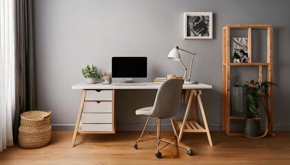 Minimalist home office with a tidy desk, ergonomic chair, and uncluttered workspace,