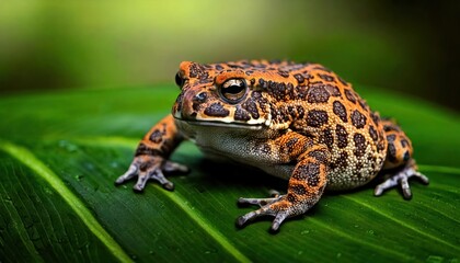Fototapeta premium Mystic portrait of Yellow Harlequin Toad on leave, full body view blurry leaf's background 