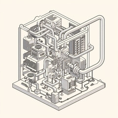 Intricate isometric illustration of a mechanical system with interconnected pipes, machines, and industrial components on a neutral background