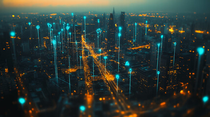 Fototapeta premium Smart digital Innovation city with connection network reciprocity over the cityscape. of future smart wireless digital city and social media networking systems that connects people with in city