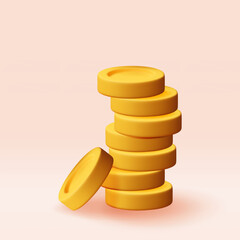 3D stack of gold coins icon isolated. Pile of american dollar coin render. Dollar golden money sign. Growth, income, savings, investment. Symbol of wealth. Business success. Vector illustration