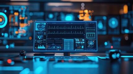 Naklejka premium Futuristic control room with digital screens and blue lighting.