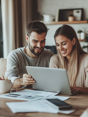 Two people share a joyful moment while working together on a laptop at a wooden desk, surrounded by paperwork in a home office setting.
