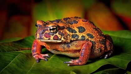 Fototapeta premium Mystic portrait of Yellow Harlequin Toad on leave, full body view blurry leaf's background 