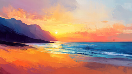 Naklejka premium Vibrant Coastal Sunset Painting with Mountains