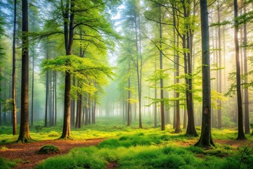 Obraz premium A serene landscape of a forest in the spring with tall trees and misty atmosphere, trunks, view