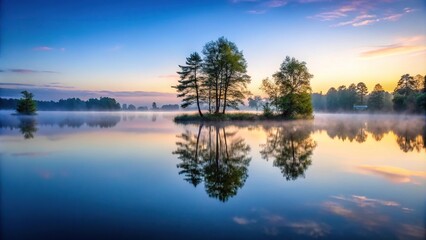 Fototapeta premium A serene lake at dawn with mist rising from the water surface and a few trees reflected in the calm lake, peaceful, dawn, reflection, serene landscape