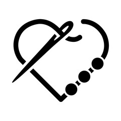 The beadwork icon. Love of embroidery. A heart with a needle and beads. Vector illustration isolated on a white background for design and web.