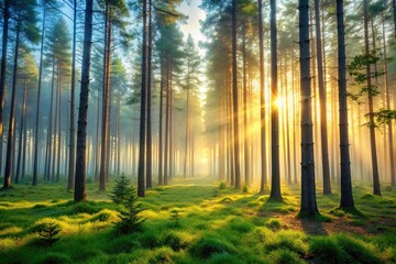 Naklejka premium A serene forest with tall trees and a misty atmosphere at dawn, morning light, forest floor, tree silhouettes, mist, woodland