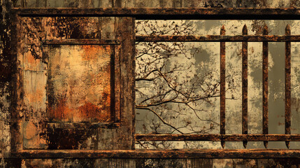 Naklejka premium Rustic Metal Fence with Tree Silhouette