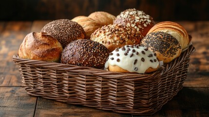 Delicious bread rolls resting in wicker basket on rustic wooden table