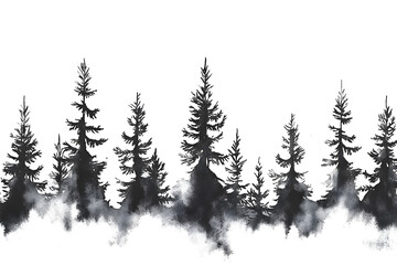 Fototapeta premium lack and White Pine Tree Watercolor Border with Misty Effect on white and transparent background.