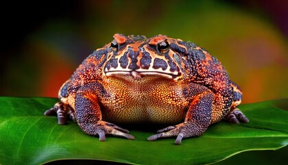 Fototapeta premium Mystic portrait of Yellow Harlequin Toad on leave, full body view blurry leaf's background 