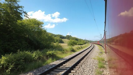 A picturesque railway cutting through the lush countryside under a clear blue sky, idyllic, transport, route