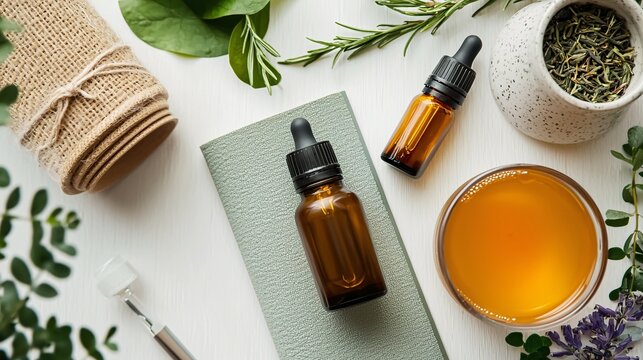 A serene collection of wellness essentials including a yoga mat, aromatic oils, detox beverage, herbal tea, and a journal set against a clean backdrop.