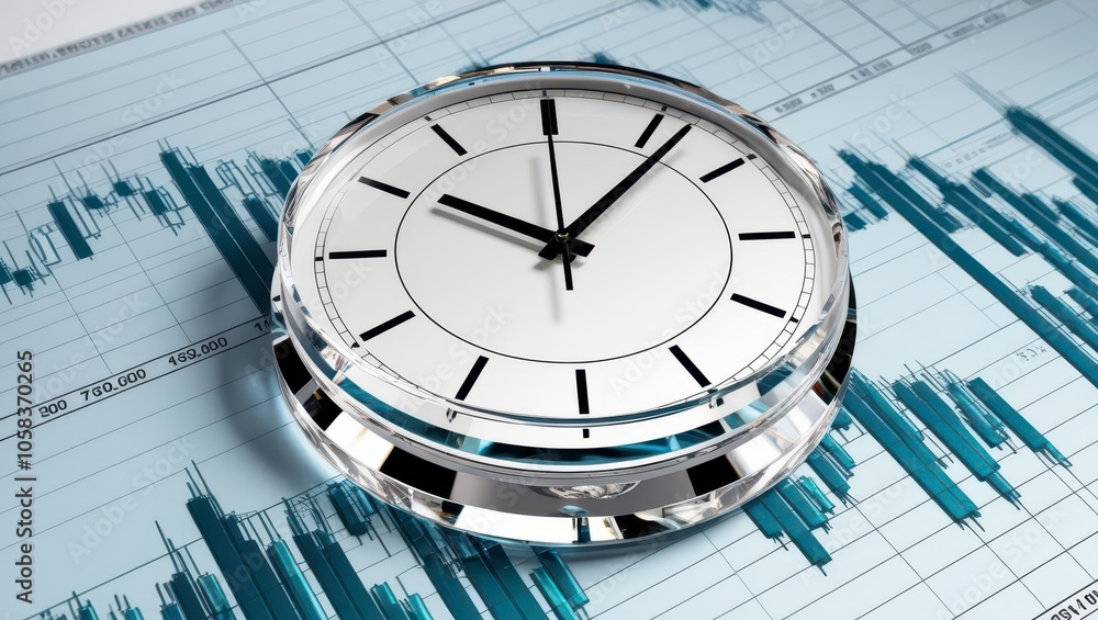 Poster a crystal clock rests on a blue graph background, symbolizing time management and data analysis.