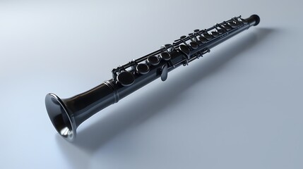 Fototapeta premium A glossy black clarinet placed on a clean white surface, highlighting its smooth curves and intricate keys.