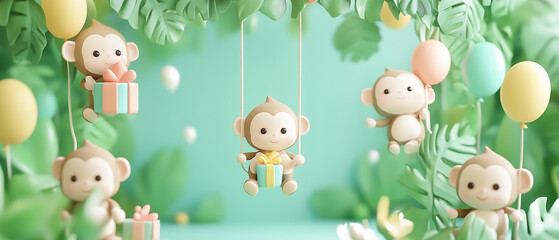 Obraz premium Playful Monkey Friends Celebrate in Lush Green Jungle.