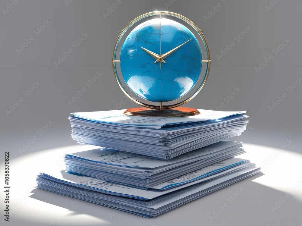 Poster a globe with a clock sits atop a pile of documents, symbolizing concepts of time management and glob
