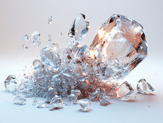  a large cluster of shattered crystal floating, with shards of gemstone flying in the air, creating a dramatic and chaotic scene.