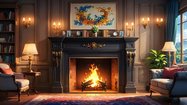 Elegant classic room with grand fireplace and warm lighting. Luxurious interior concept Seamless looping 4k time-lapse animation video background