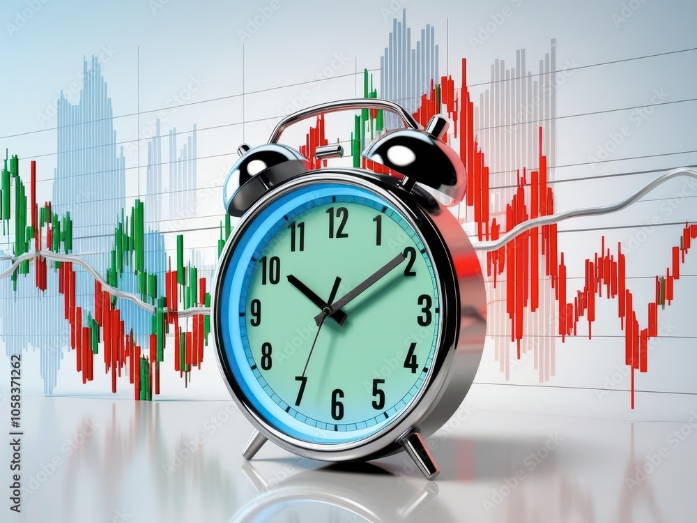 Poster a modern clock with a turquoise face stands in front of fluctuating financial graphs, symbolizing th