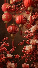 Obraz premium Create a vibrant copy space background for Chinese New Year, adorned with traditional elements like red lanterns, golden ingots, and blooming plum blossoms, providing an inviting area for text 