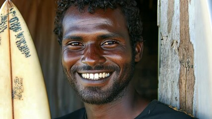 A man smiles brightly while holding a surfboard in front of a wooden building