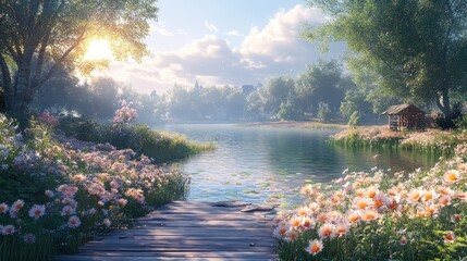 Serene lakeside scene with flowers and a cozy cabin.