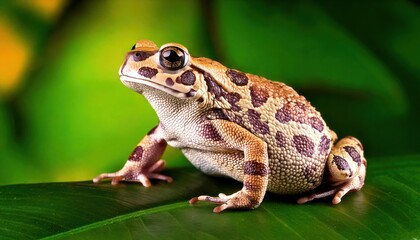 Obraz premium Mystic portrait of Yellow Harlequin Toad on leave, full body view blurry leaf's background 