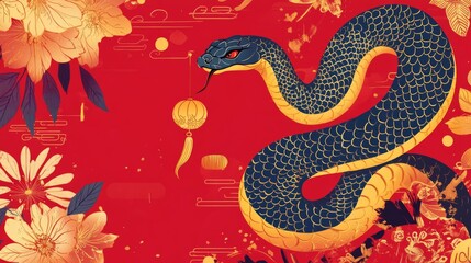 Design a vibrant and festive illustration for the Chinese New Year featuring a majestic snake entwined around traditional symbols of prosperity and good fortune, set against a rich red backdrop 