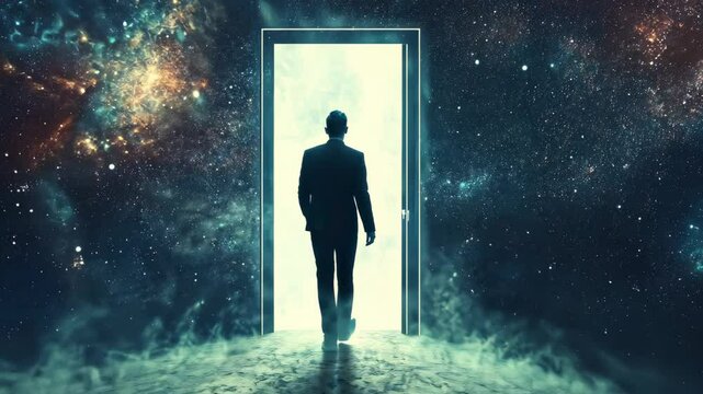 A man walks through a glowing door in the sky, leaving behind the familiar and stepping into the unknown