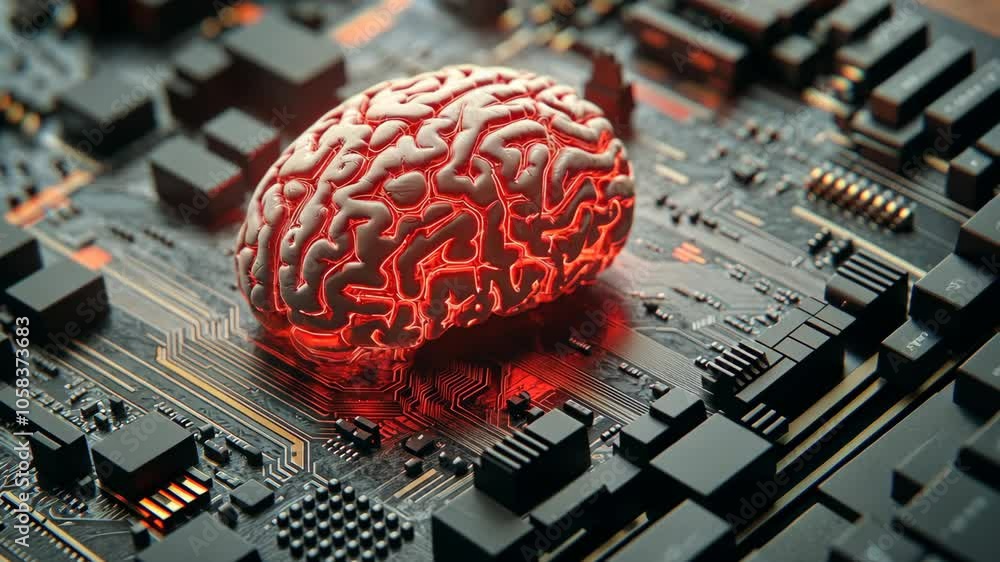 Poster a glowing brain sits on a computer circuit board, representing the connection between technology and