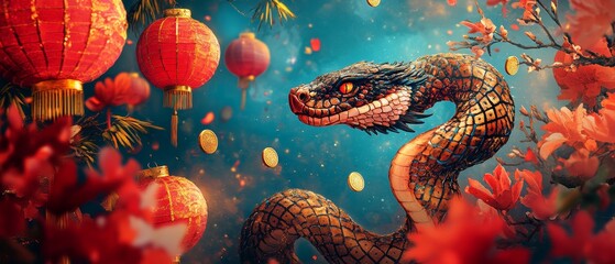 Design a vibrant and festive image for the Chinese New Year featuring a beautifully decorated snake intertwined with traditional symbols of prosperity, such as red lanterns and gold coins