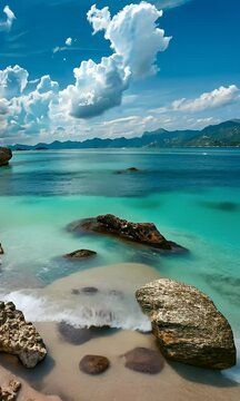 Beach with rocks and sea, in the background there is landscape, clear sky, daylight, bright colors, summer vibes, beautiful scenery,



